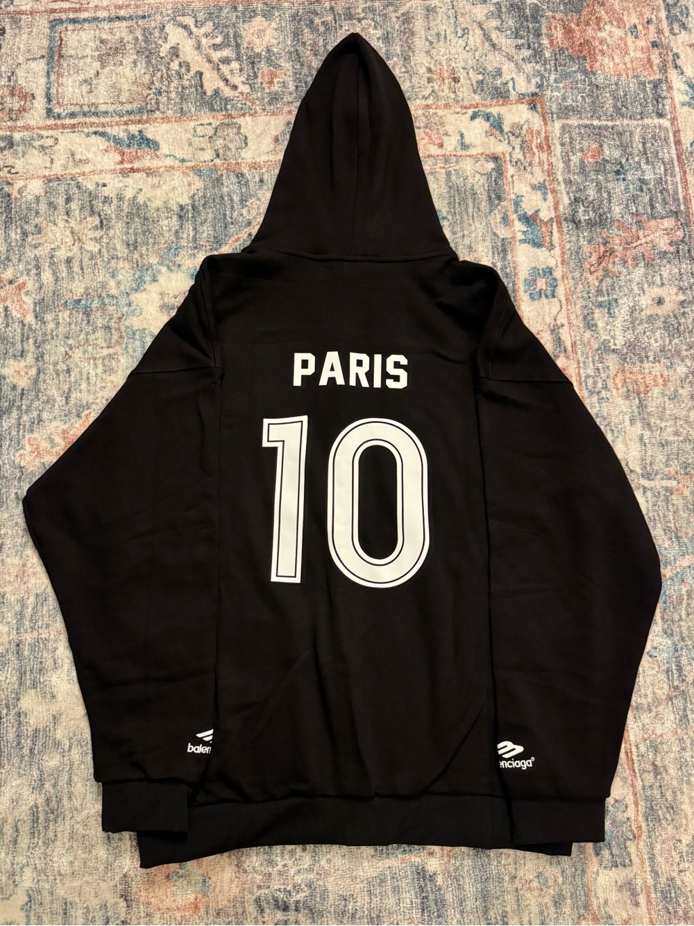 Balenciaga Black Full-Zip Hoodie with White Logo and Red Crest - Picture 6 of 6